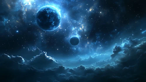 Twin blue planets glow above luminous storm clouds in space