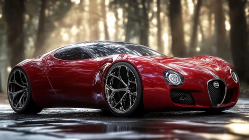 Red concept supercar sits on wet forest road at sunrise