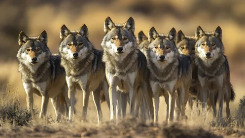 Amber-eyed wolf council marching across sunlit prairie.