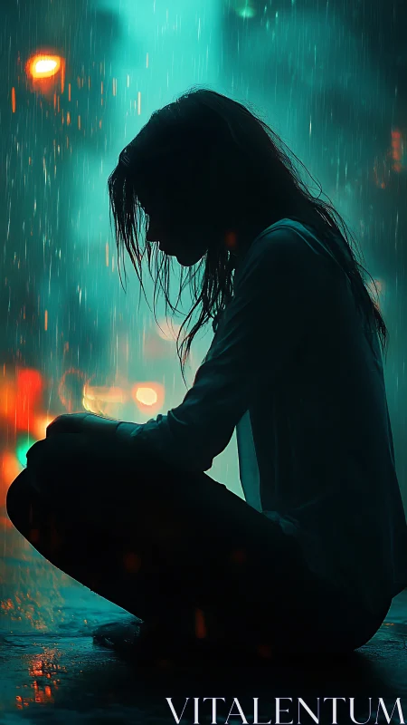 Silhouetted woman in neon rain rendered as cinematic digital art