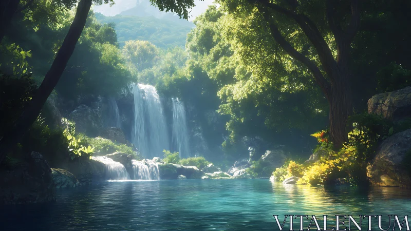 Tropical waterfall sanctuary shrouded in misty jungle canopy