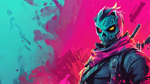 Bold neon skull warrior standing in a storm of color.