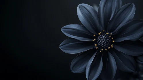 Dark Blue Flower with Golden Center Against Black Background.