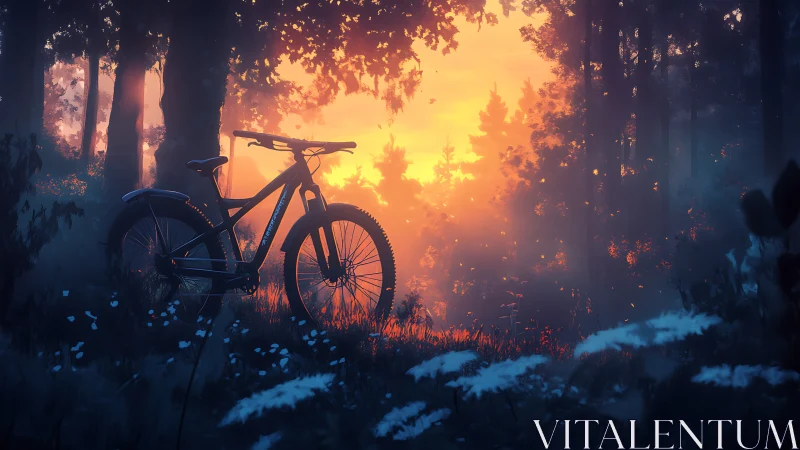 Mountain Bike Silhouette Against Burning Forest Sunset.