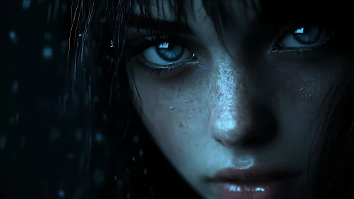 Moonlit gaze carved from rain, freckles, and quiet storms.