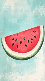 Watermelon slice illustration on textured teal background.