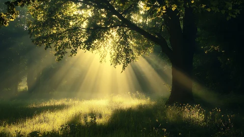 Sunbeams Through Forest Trees in Early Morning, Photorealistic Style.
