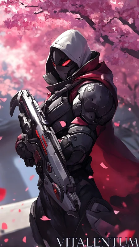 Cybernetic rogue stands under cherry blossoms in bloom.