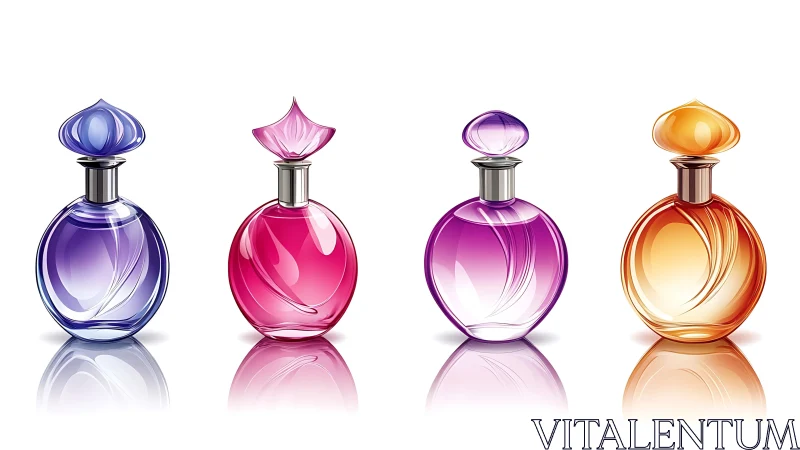 Row of colored perfume bottles on reflective white surface.