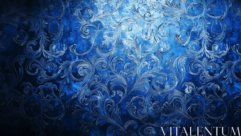 Baroque botanical scrollwork in luminous blue relief texture.