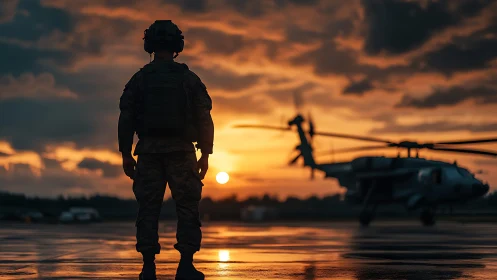 Silhouetted soldier observes helicopter on wet tarmac at sunset