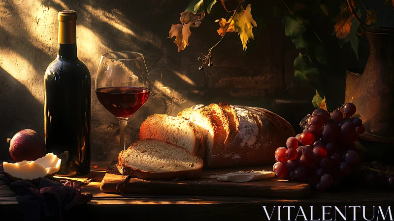 Wine, Bread, and Autumn Harvest Under Golden Hour Lighting