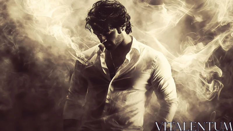 Moody portrait in swirling golden smoke and shadowed light.