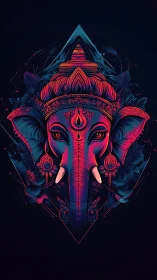 Neon gradient Ganesh portrait with geometric halo and florals