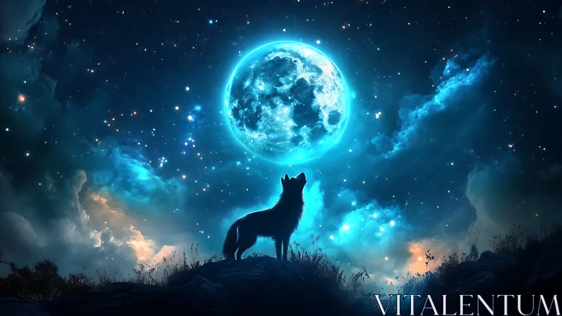 Lone wolf silhouette beneath a luminous electric-blue moon.