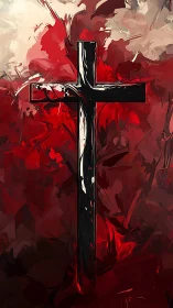 Crimson storm of faith swirling around stark black cross.