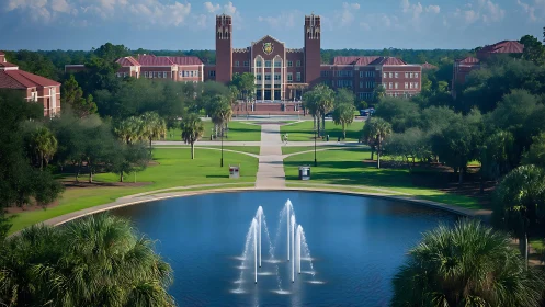 University campus quad with fountain and red-brick hall.