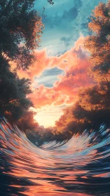 Sunset sky and reflective river form vertically framed landscape