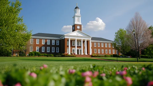 Neoclassical campus hall rendered in bright midday perspective