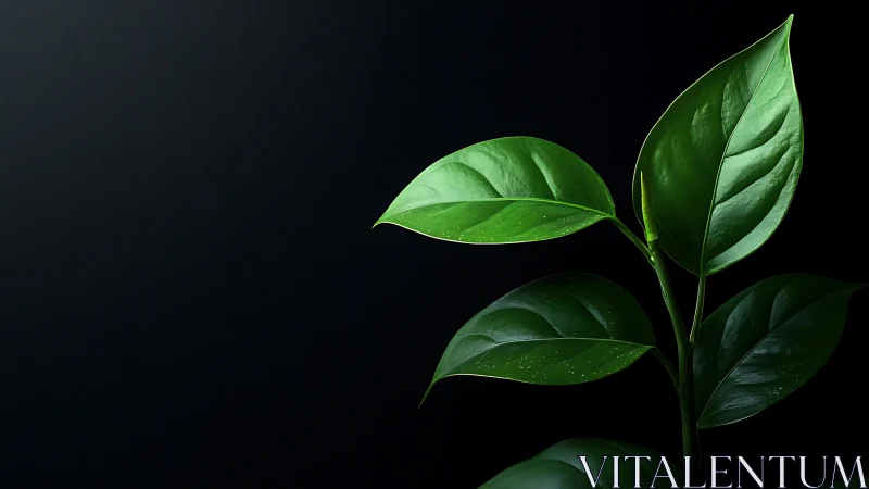 Macro close-up of glossy green plant leaves on black background