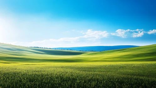 Sunlit rolling fields extend beneath a clear blue sky