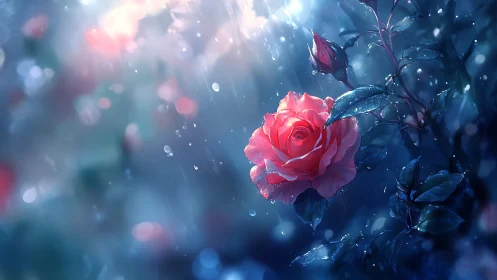 Luminous Pink Rose Blooming in Rain and Bokeh Light