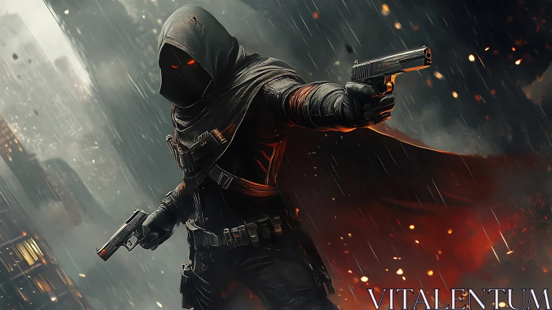Hooded cyber assassin aims twin pistols in burning rain