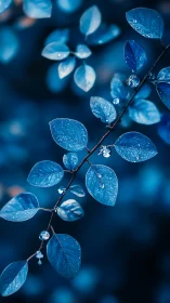 Glistening blue leaves with dewdrops in soft bokeh glow.