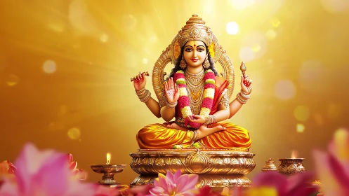 Radiant Hindu goddess idol glows amid golden divine light.