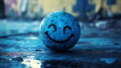 Smiling blue ball on gritty urban ground at twilight.