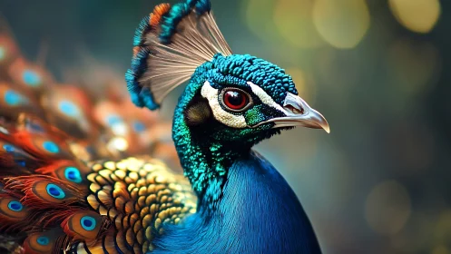 Male peafowl side profile with extended train plumage detail.