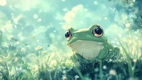 Green frog resting in soft sunlit meadow illustration.