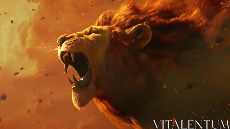 Roaring lion head emerging through blazing storm clouds.