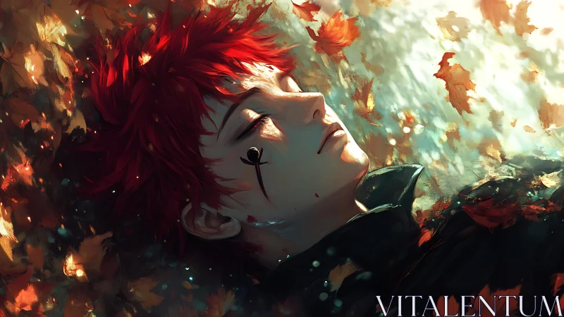 Red haired anime figure resting amid drifting autumn leaves.