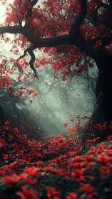 Red leaf forest path under twisted dark tree branches.