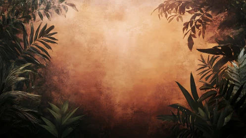 Warm jungle foliage framing a softly glowing sunset wall.