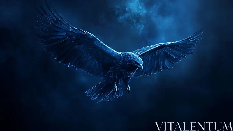 Digital painting of luminous raven in cinematic blue chiaroscuro.