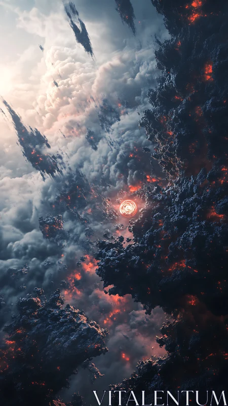 Fiery celestial core amid dark drifting cosmic cliffs.