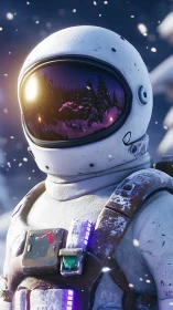 Snow-dusted astronaut quietly cradles a winter forest