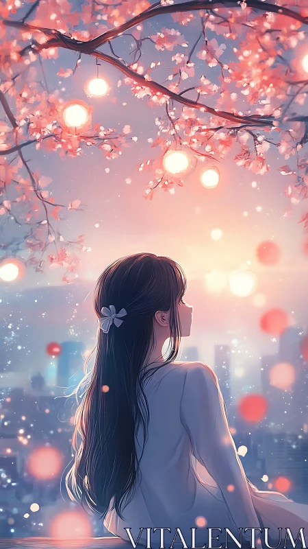 Gazing girl beneath glowing cherry lanterns at dusk.