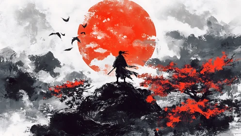 Lone samurai crowns a crimson sun in storm-torn inkscape.