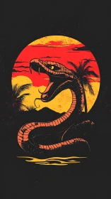 Retro serpent silhouette against sunset circle composition.