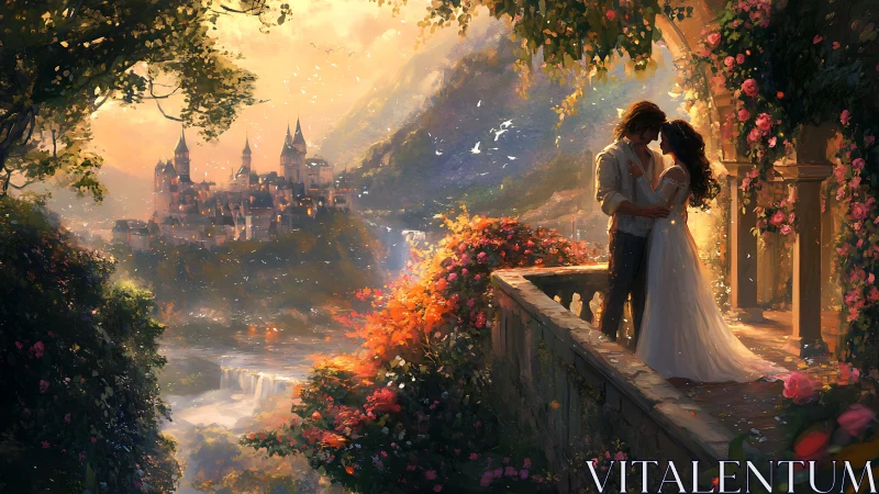 Romantic Castle Encounter: Couple Embracing on Floral Terrace at Golden Hour.