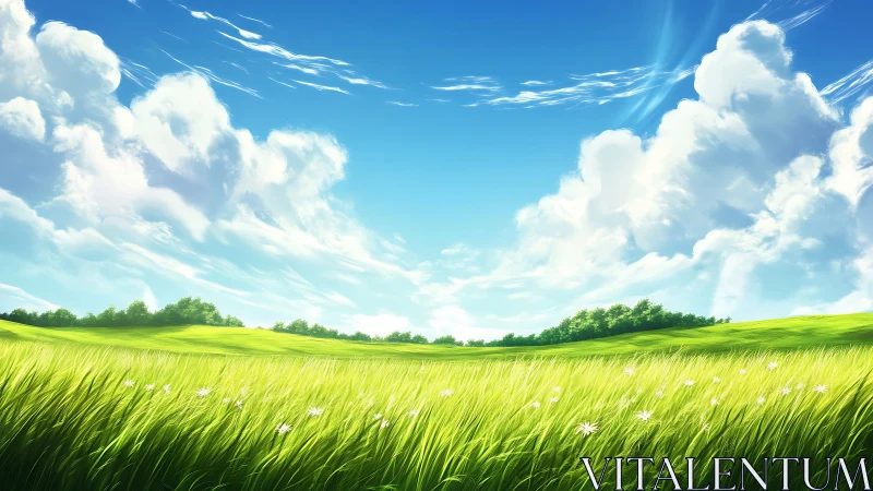 Luminous summer meadow under expansive sculpted cloudscape.