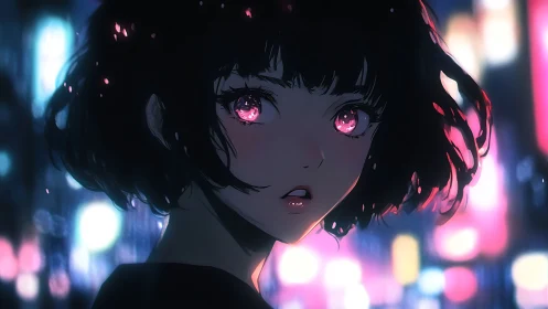 Neon-lit anime girl with glowing eyes in city nightscape.