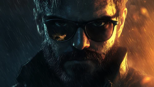 Brooding bearded man in rainlit cinematic close up portrait.