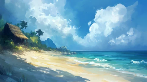 Tropical Sanctuary: Digital Beach Landscape with Thatched Dwelling