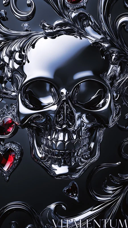 Chromed skull with baroque scrollwork and gem accents rendered.