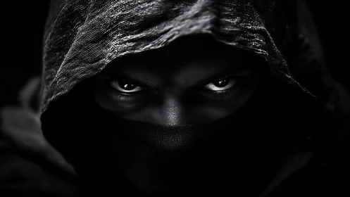 Shadowed gaze of a hooded figure in dramatic darkness.