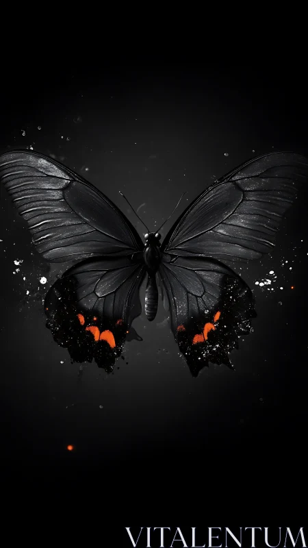 Midnight black butterfly with glowing ember accents in flight.
